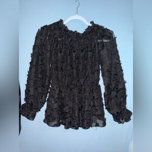 SHEIN Black Ruffled Smocked Long Sleeve Blouse